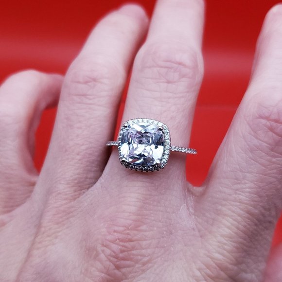 Size 10.5 925 Sterling Silver Square Cubic Zirconia Halo Ring - Picture 3 of 8